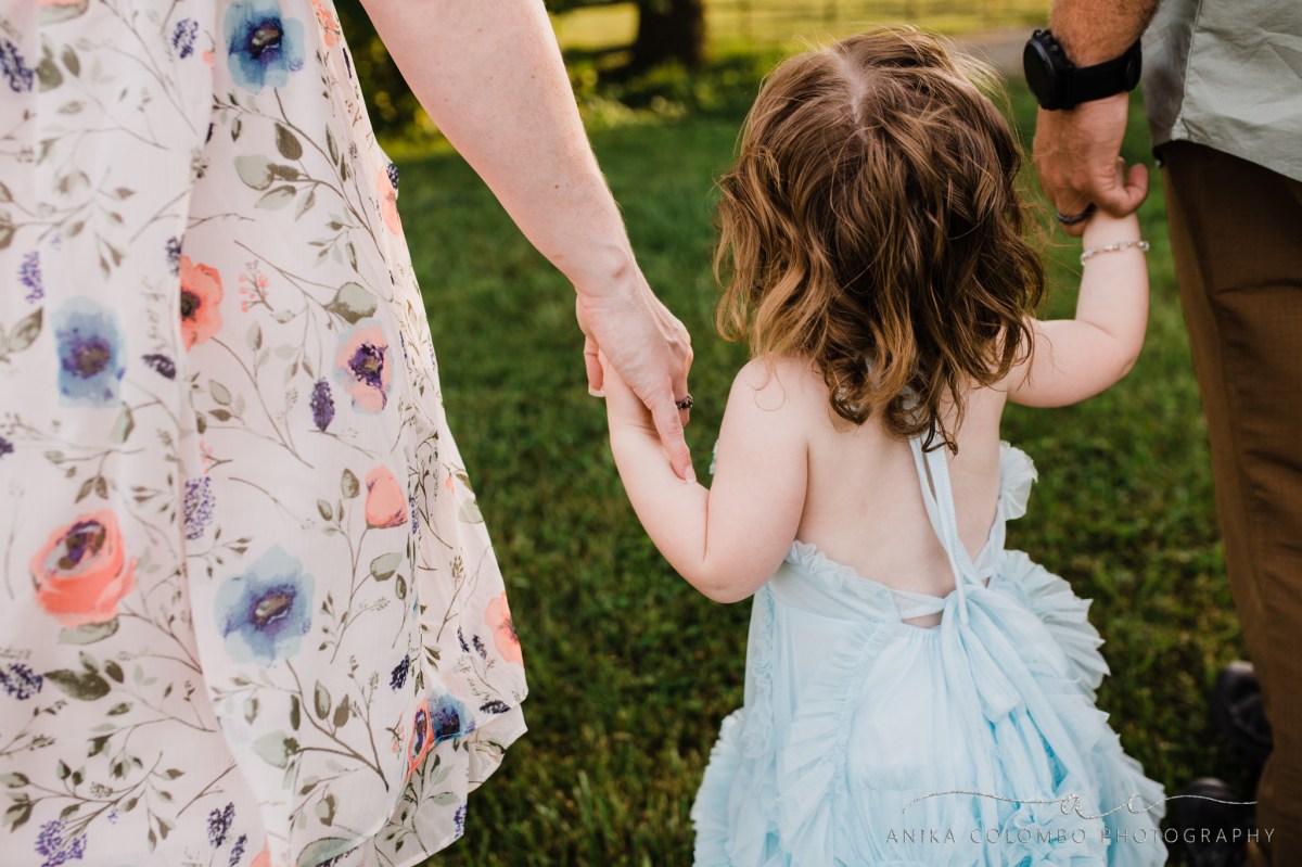 toddler walking away from camera holding both of her parents hands wearing a blue doll cake dress, photographed by anika colombo photography
