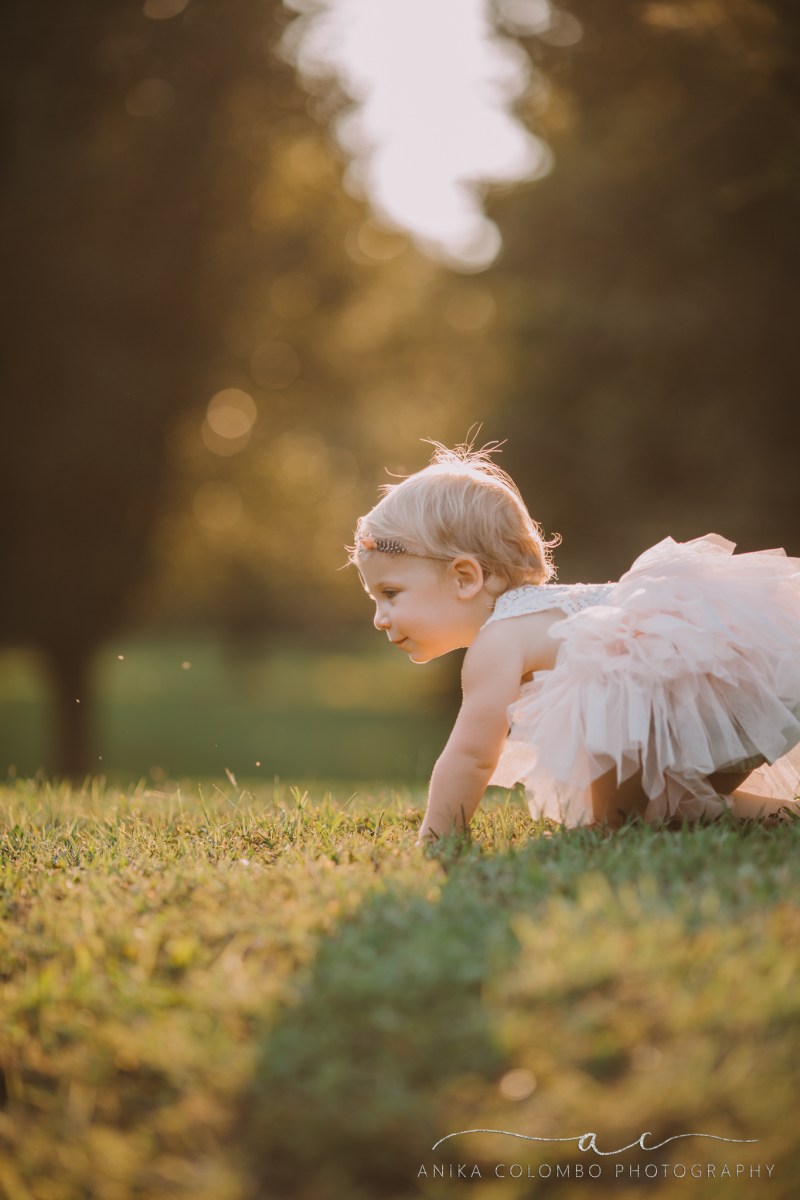 toddler crawling across the grass wearing pink tutu and headband